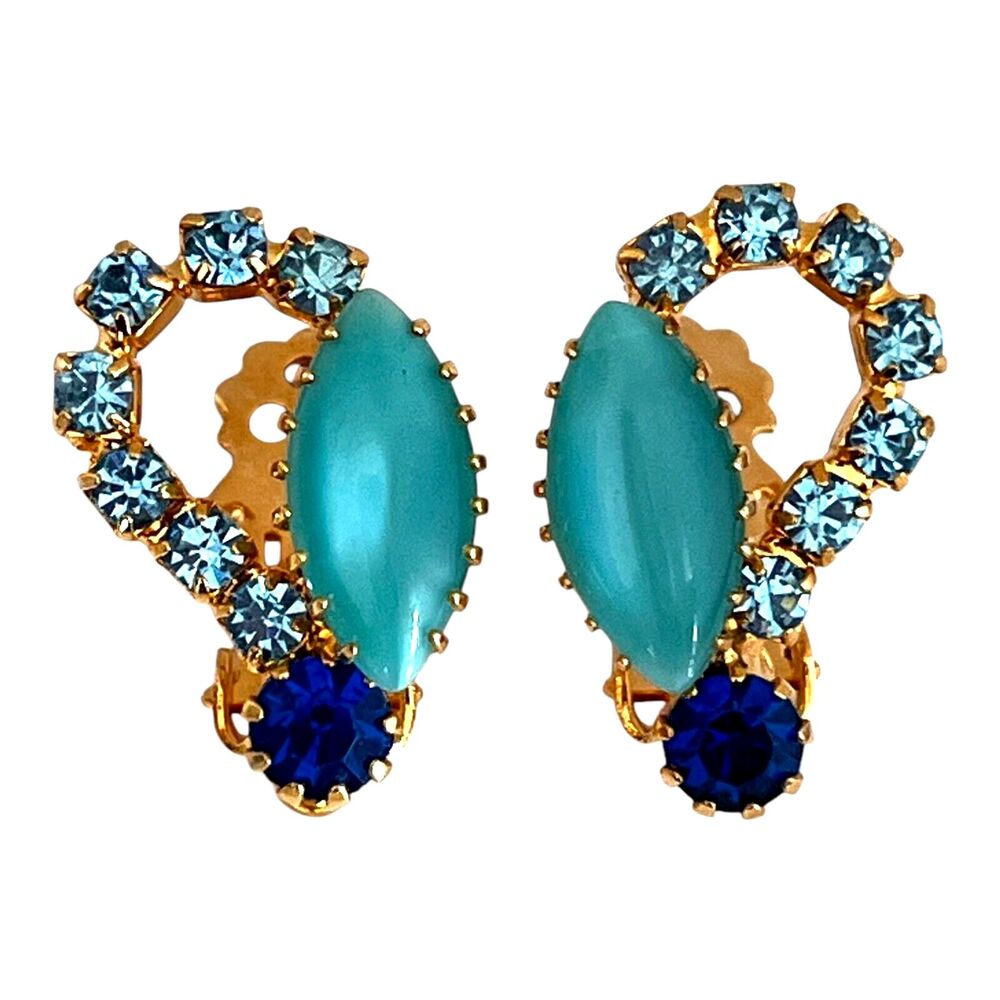 Vintage 1960s Navette Glass Rhinestone Earrings Blue Aqua Gold Tone Clip - 8O